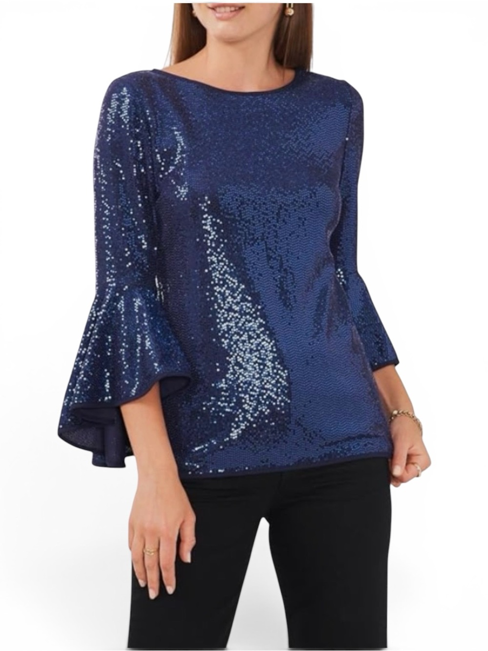 🆕 Vince Camuto - Sequin - Bell-Sleeve Top - Navy - XL - NWT